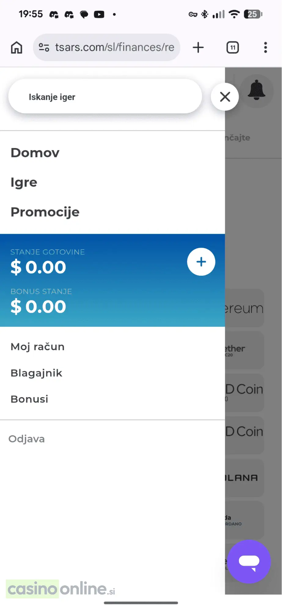 Mobilni meni Tsars Casino z navigacijo