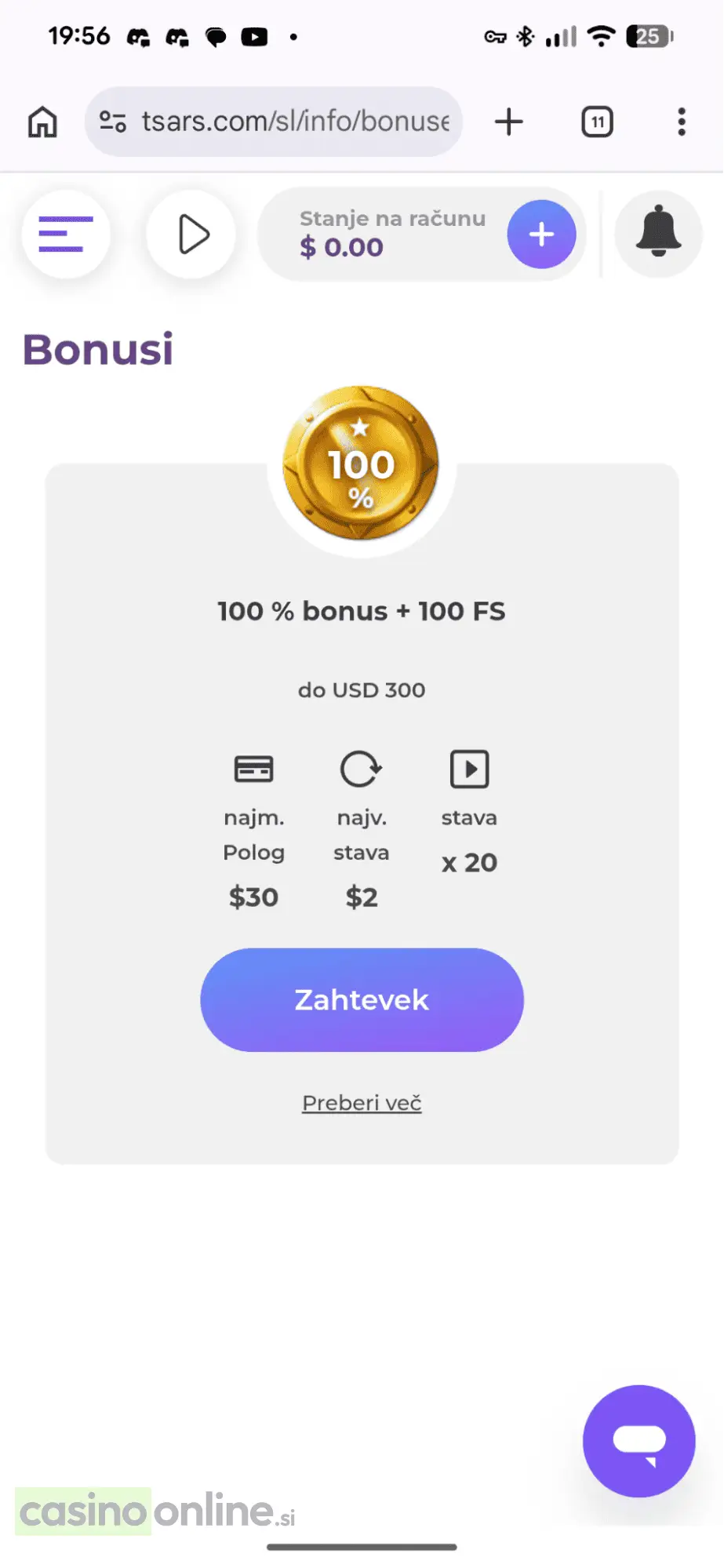 Tsars Casino paket dobrodošlice na mobilni napravi