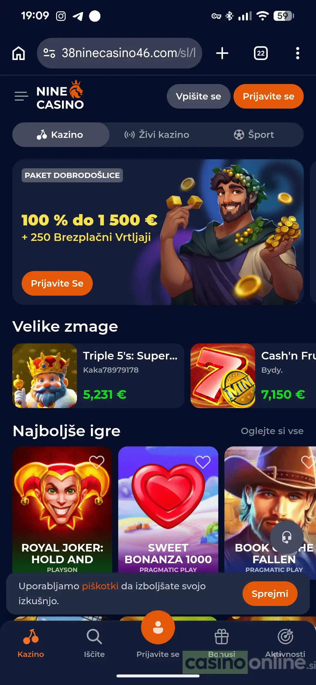 Domača stran Nine Casino na mobilni napravi