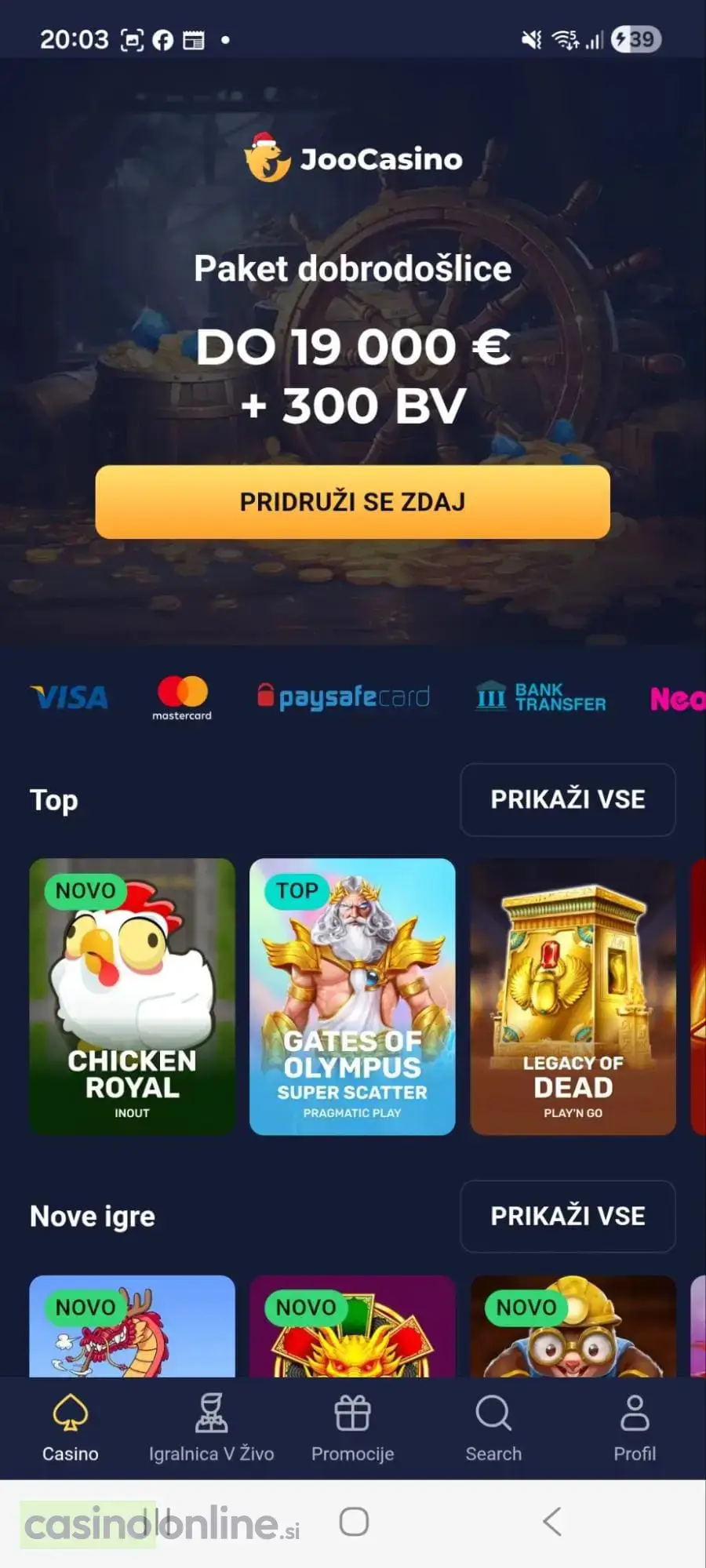 Joo Casino mobilna domača stran