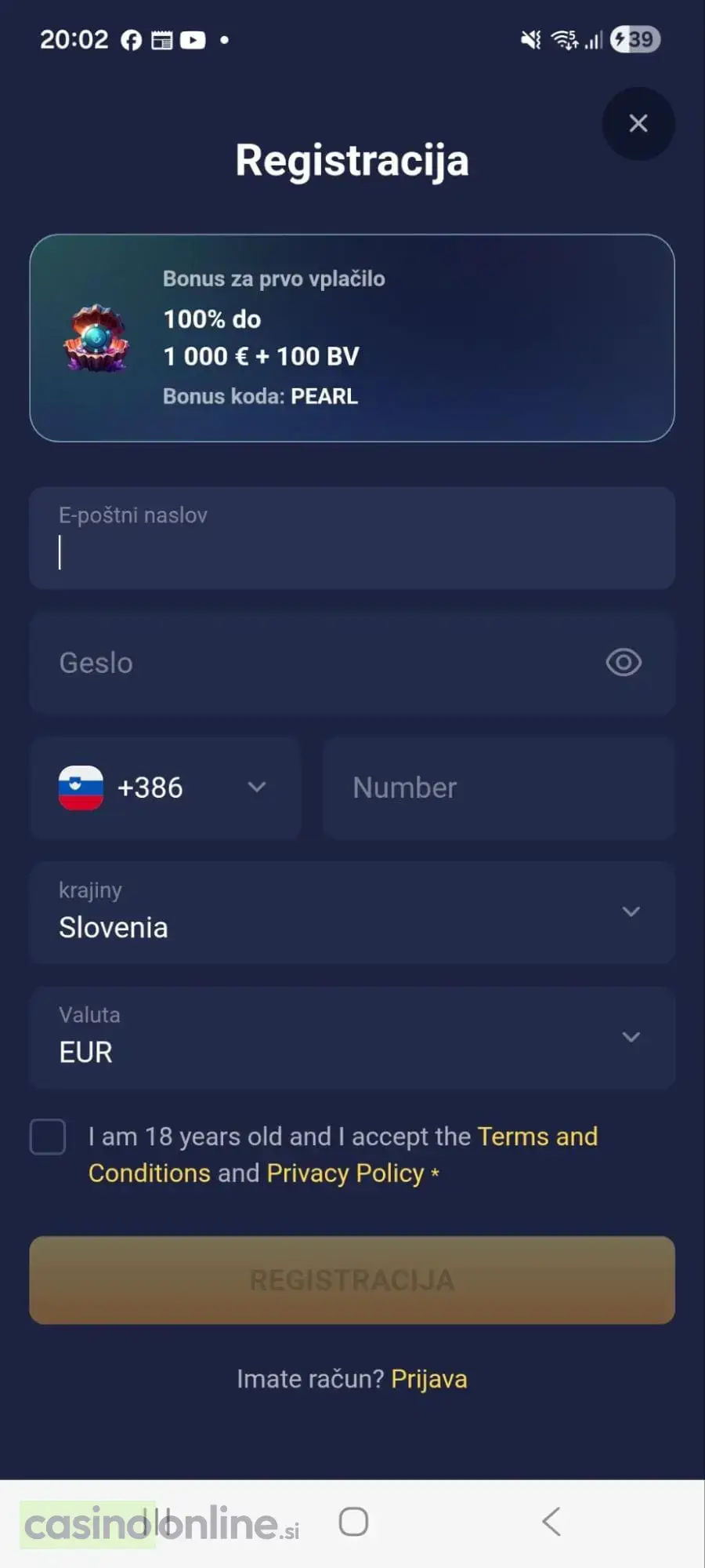 Joo Casino registracijski obrazec