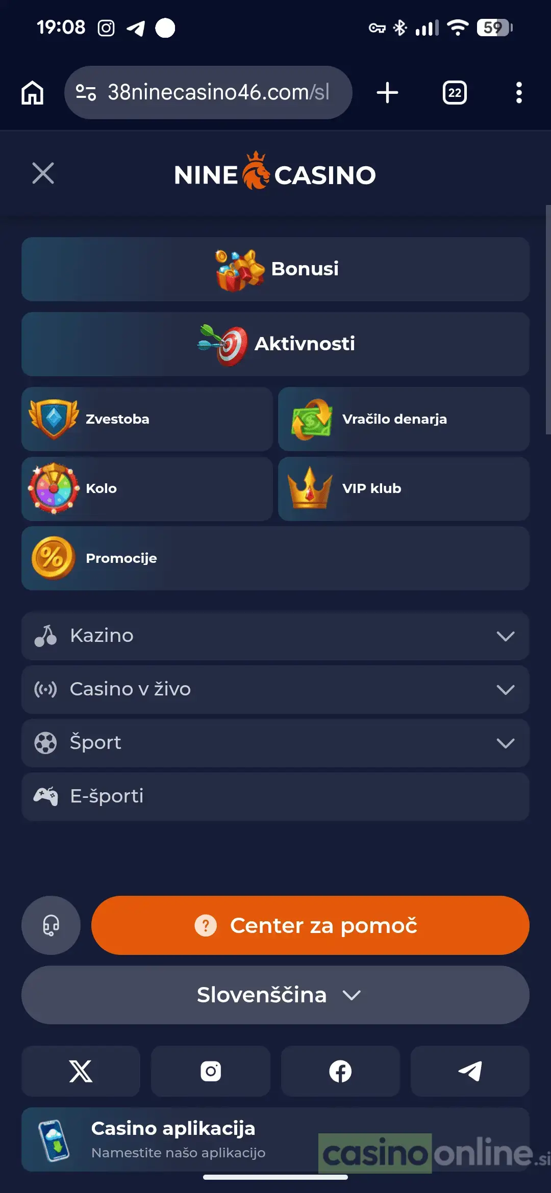Meni Nine Casino na mobilni napravi