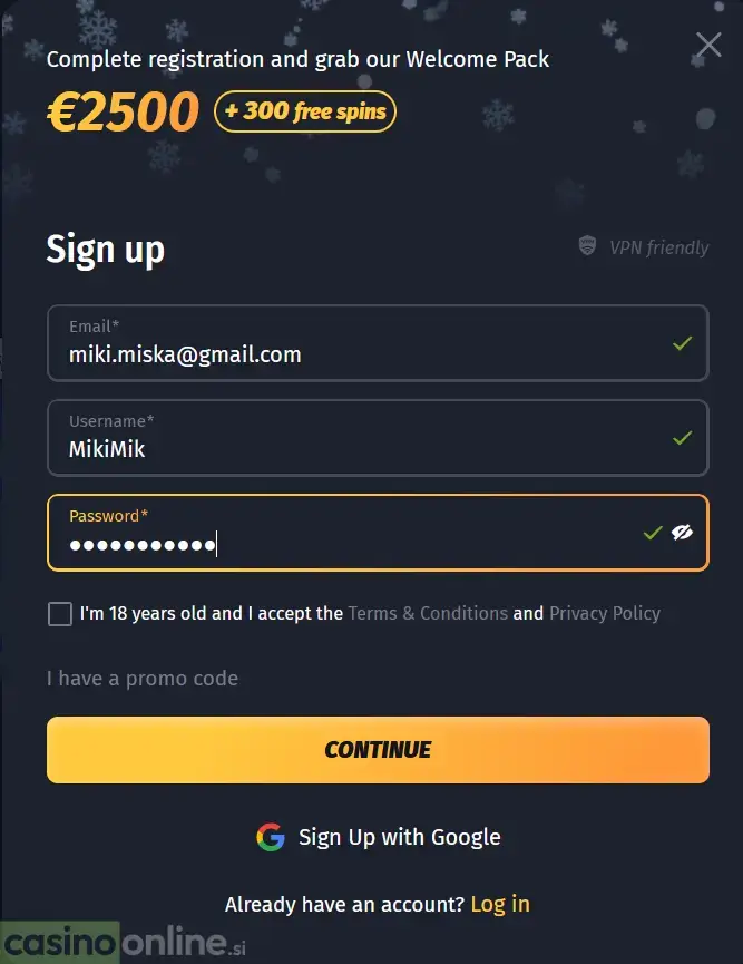 Obrazec za registracijo v casino