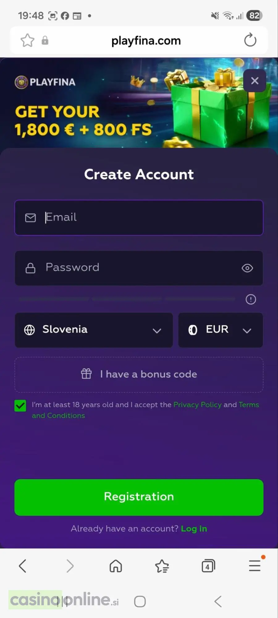 Playfina Casino mobilna začetna stran