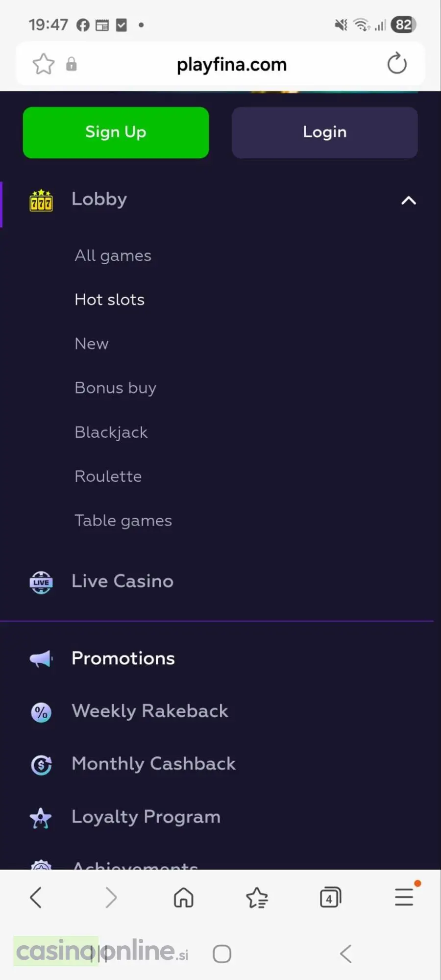 Playfina Casino mobilni meni igre