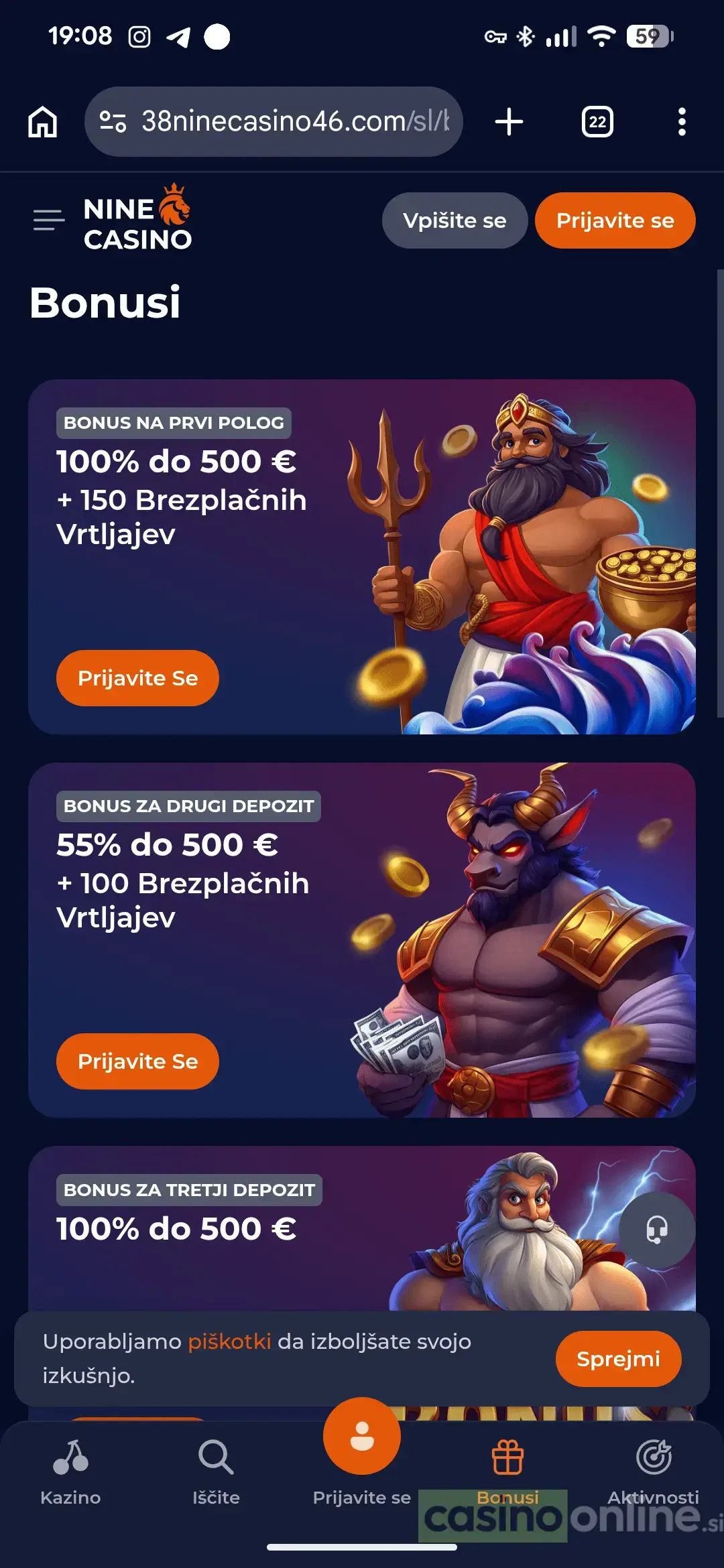 Stran bonusov Nine Casino na mobilnem telefonu