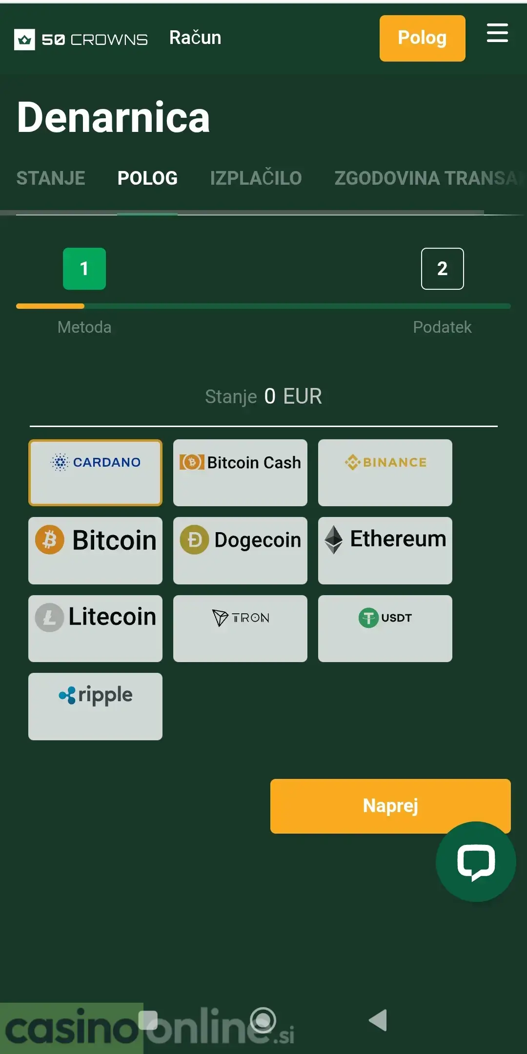50 Crowns Casino mobilna denarnica kripto polog