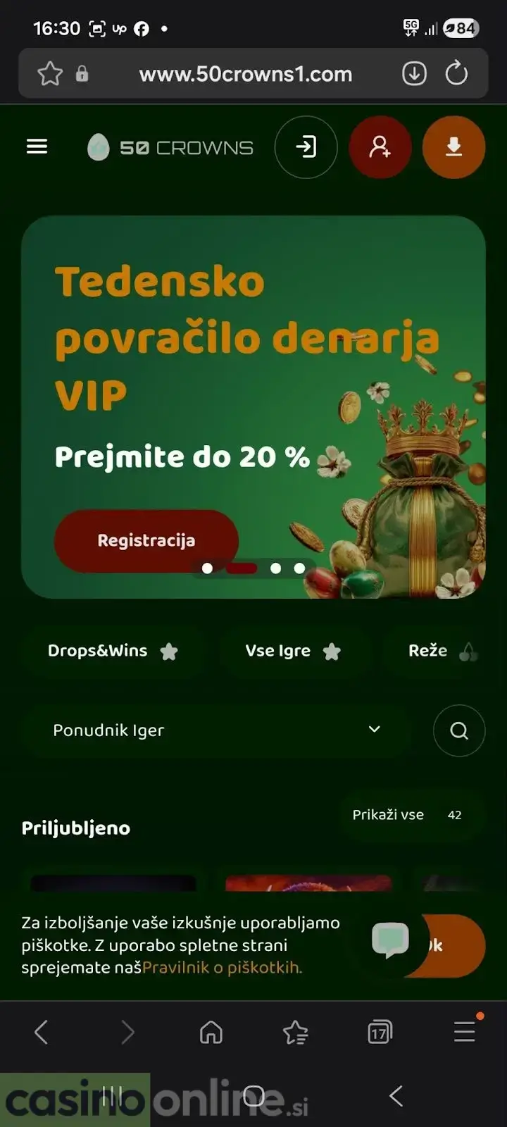 50 Crowns Casino mobilni lobby VIP cashback 20%