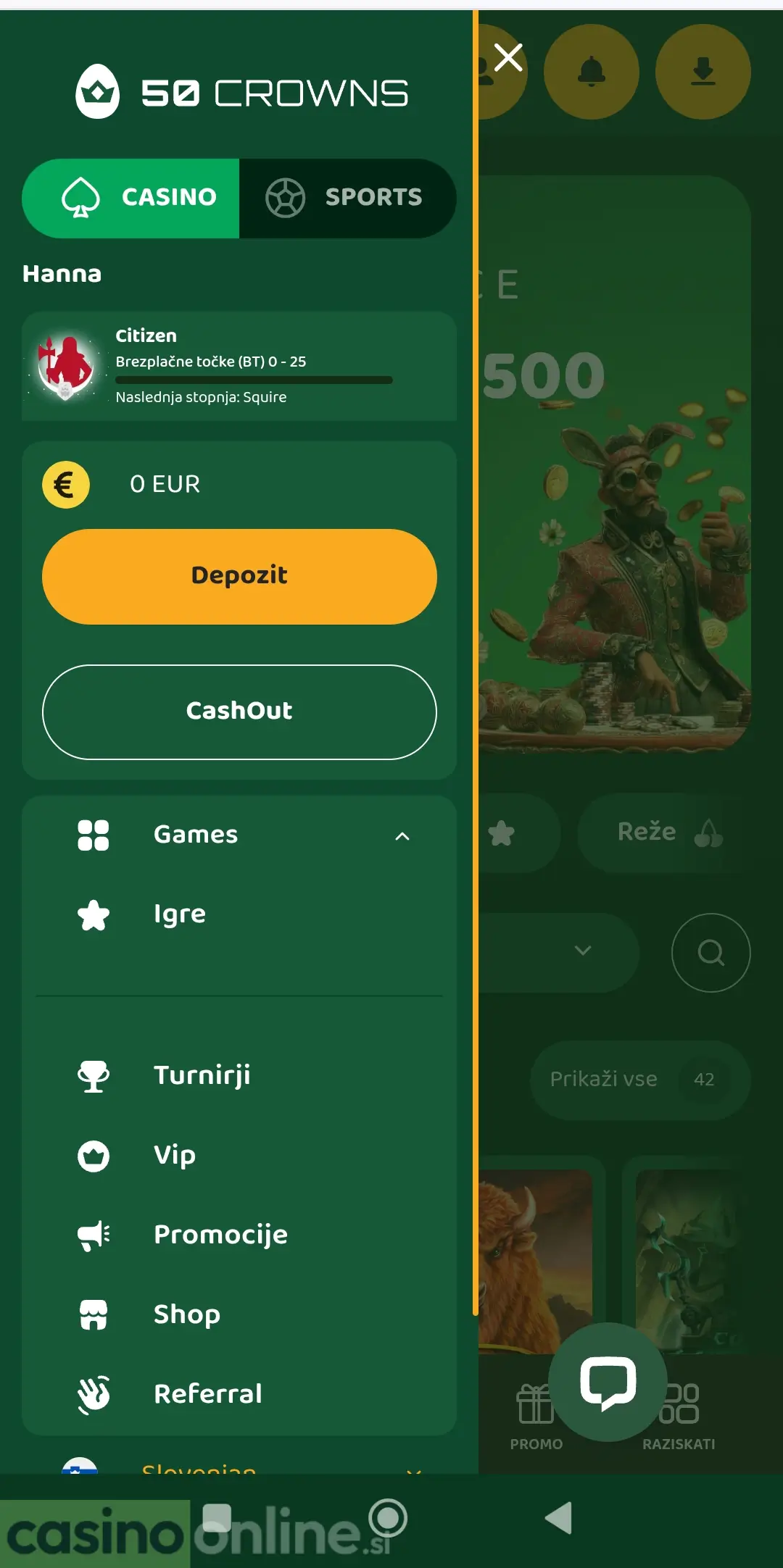 50 Crowns Casino mobilni meni Citizen stopnja