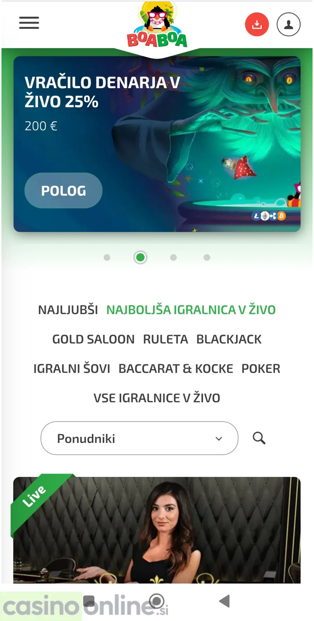 BoaBoa Casino lobi v živo z vračilom 25 %