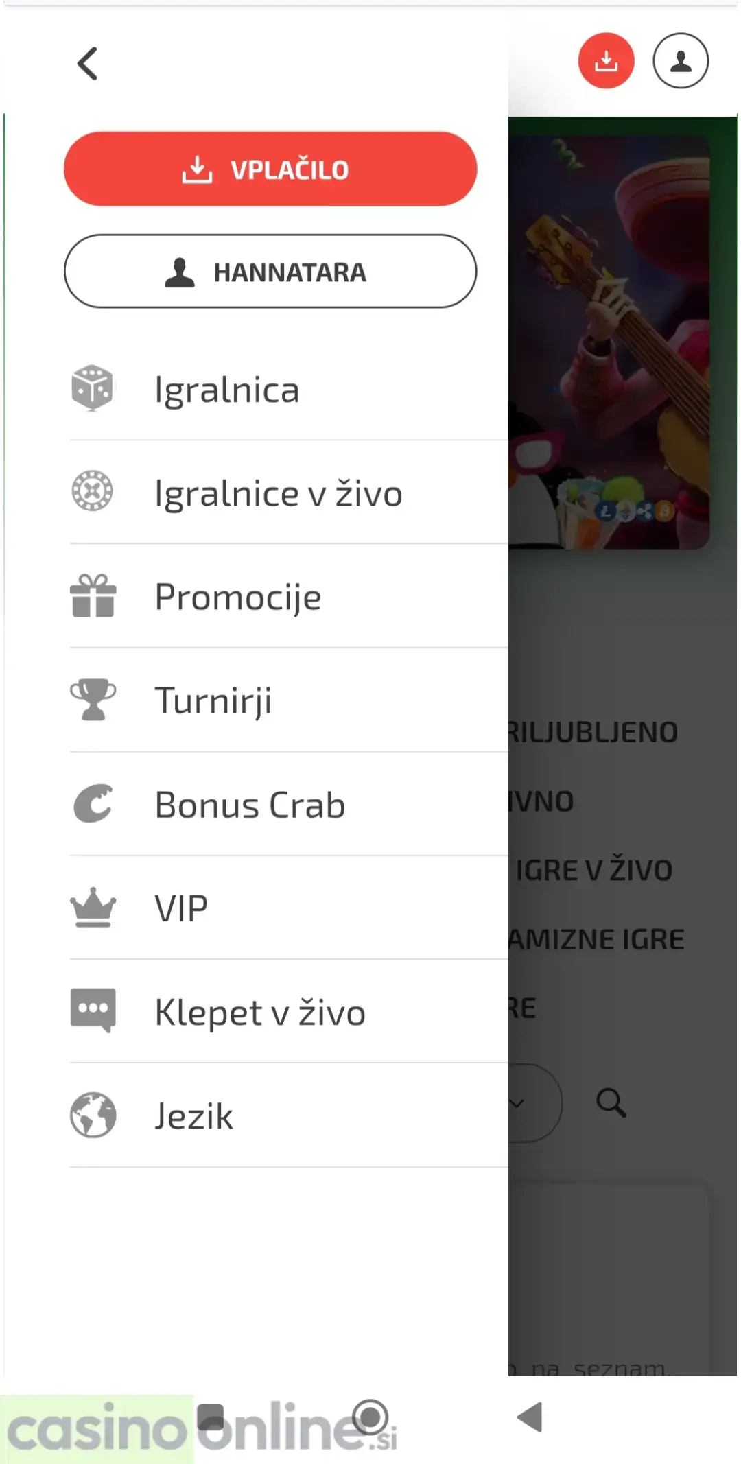 BoaBoa Casino mobilni meni v slovenščini