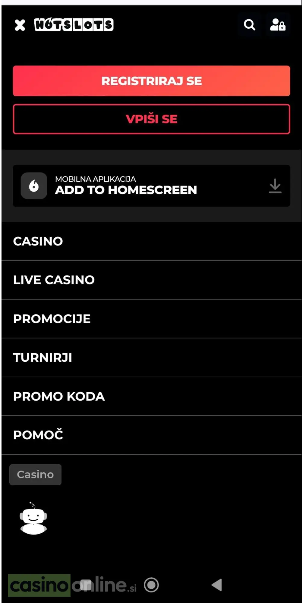 HotSlots casino mobilni meni navigacija