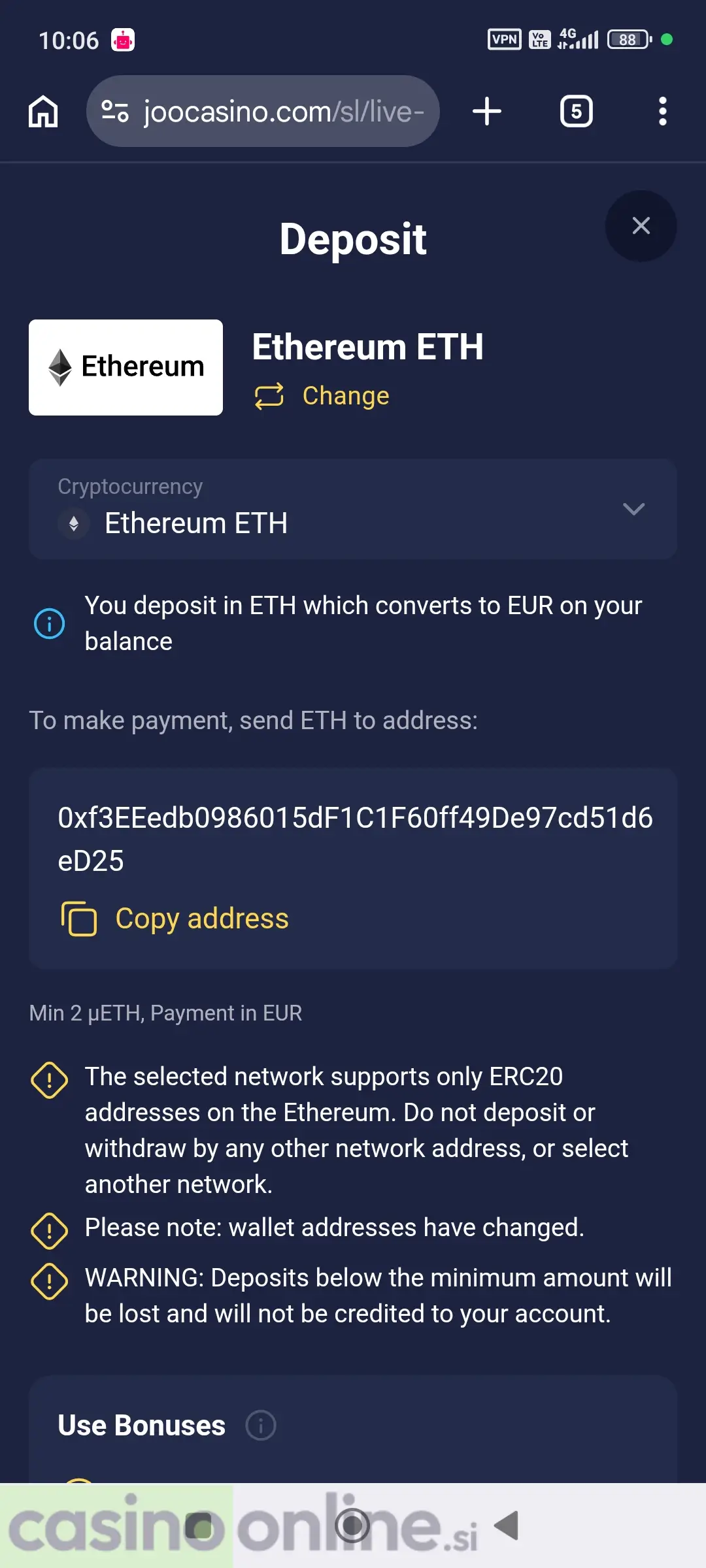 Izberite Ethereum kot način plačila