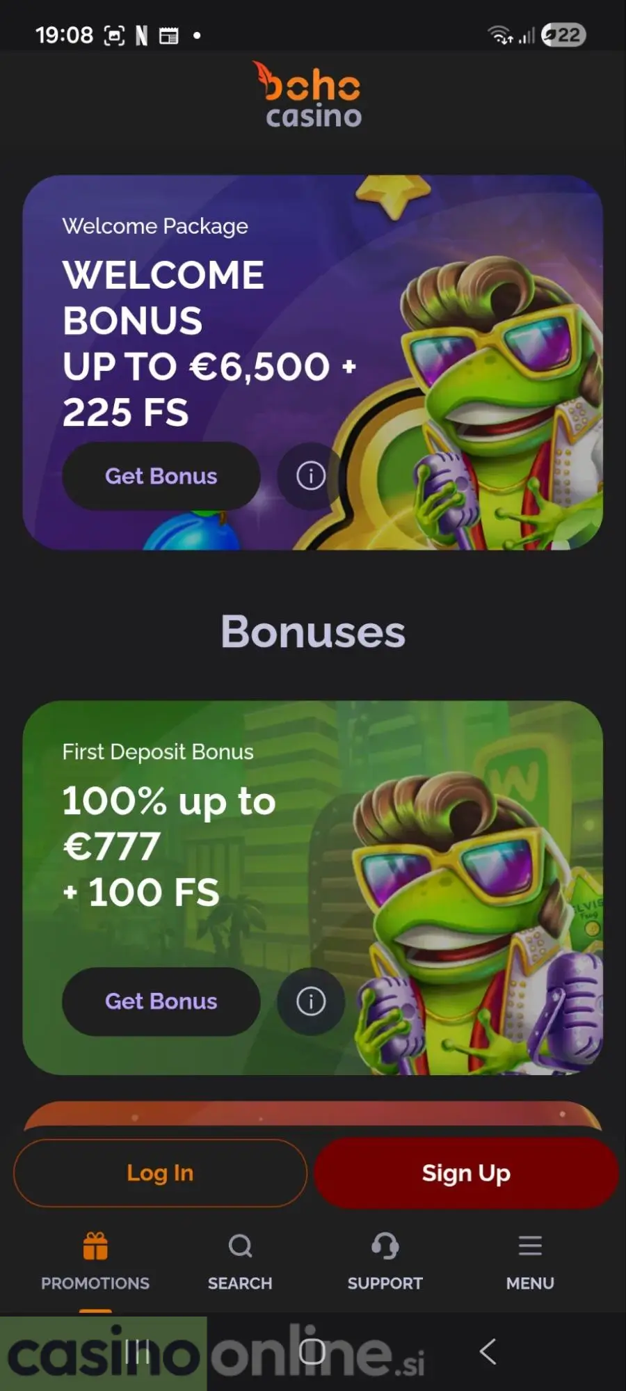 Mobilni prikaz bonusov Boho Casino z dobrodošlico €6.500