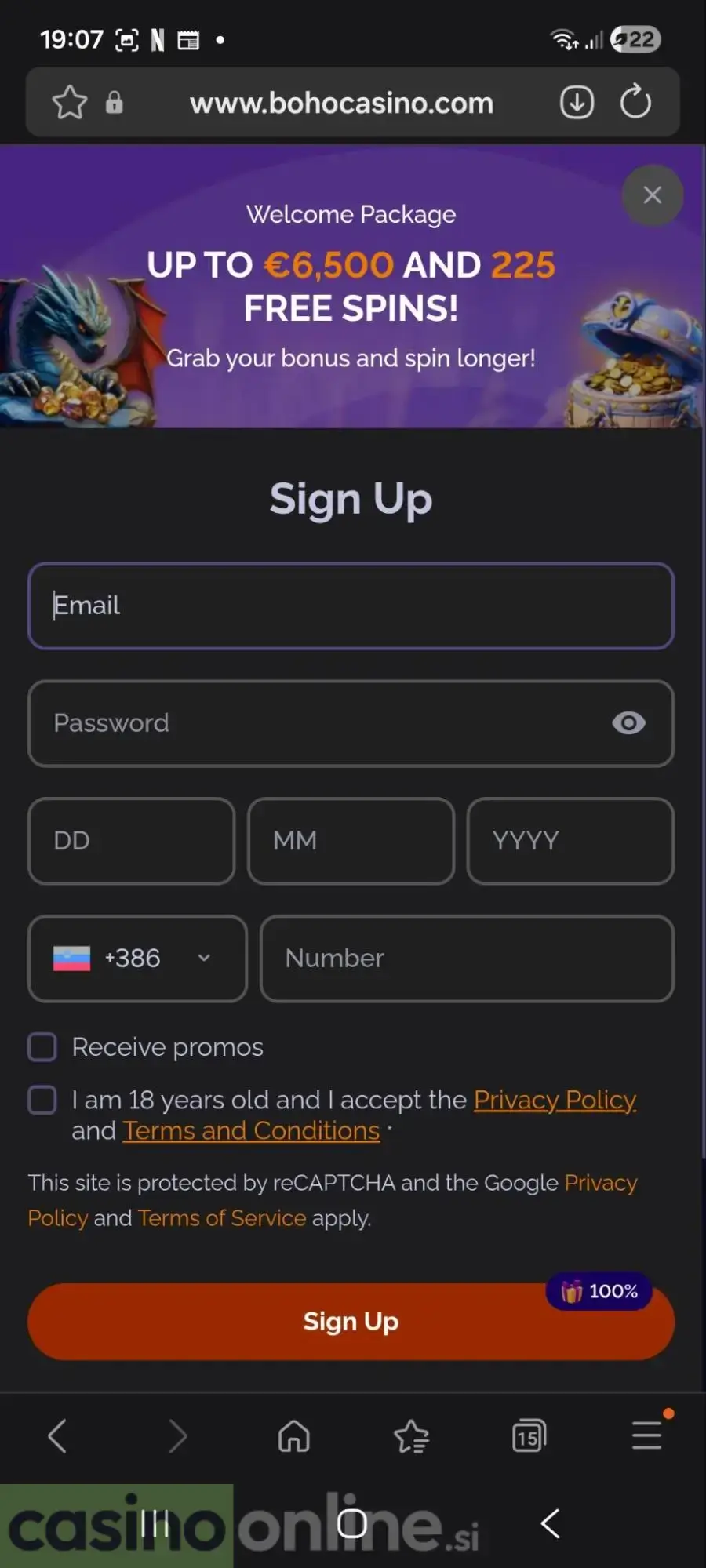 Mobilni registracijski obrazec Boho Casino z dobrodošlico 6.500 €