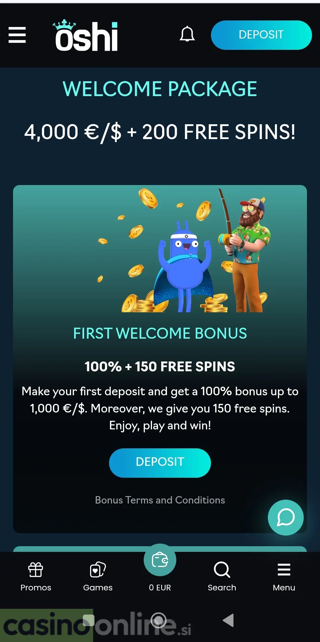 Oshi Casino bonus dobrodošlice do 1.000 €