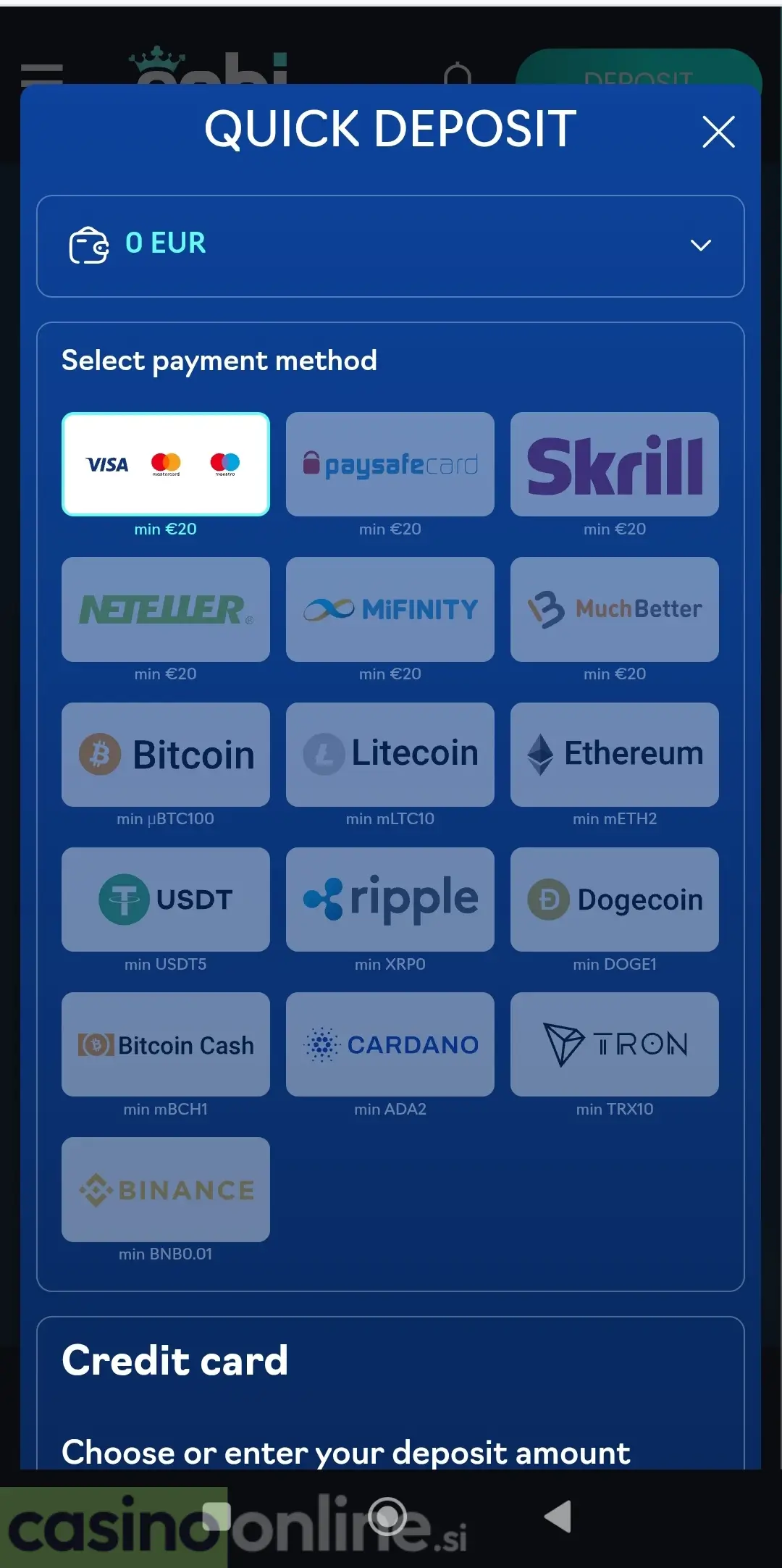 Oshi Casino plačilne metode za polog