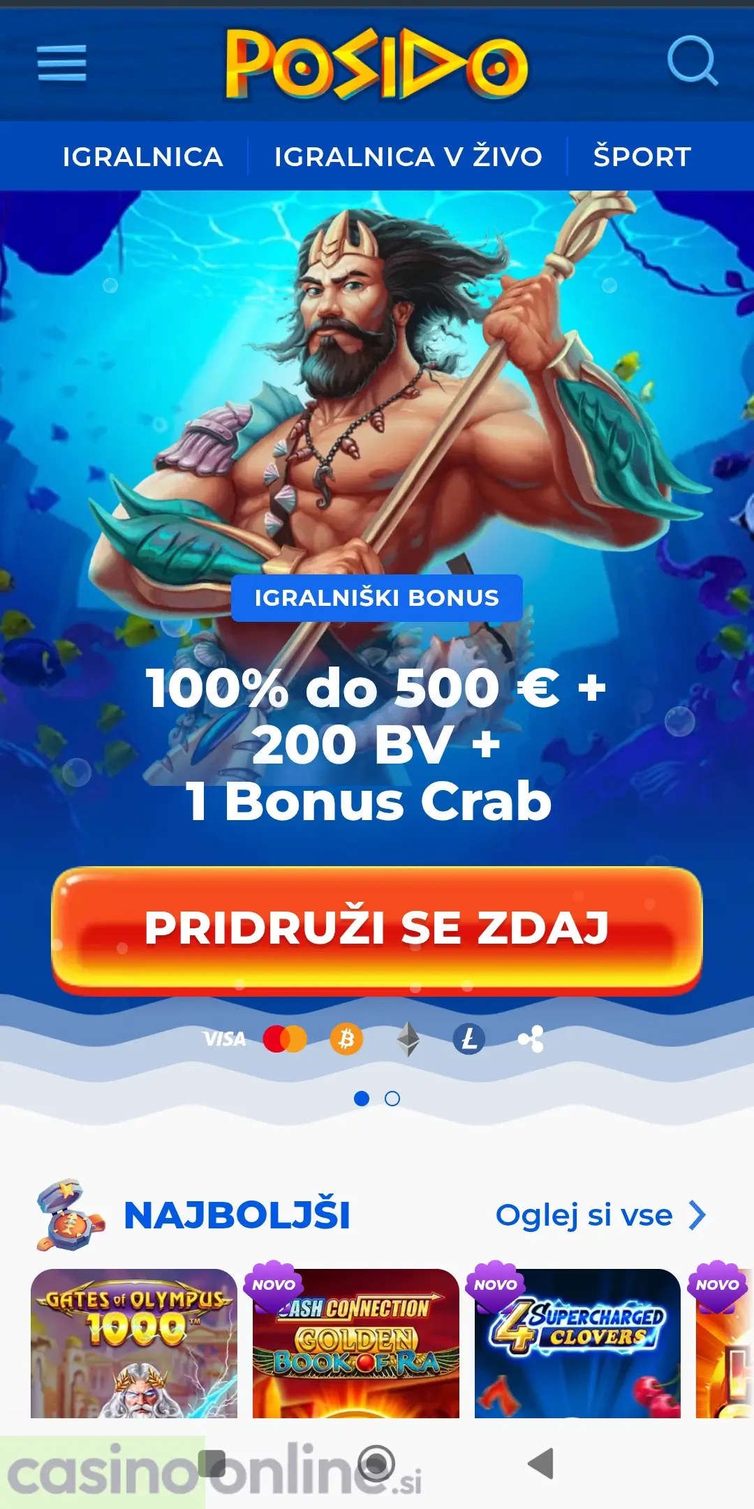 Posido domača stran z bonus dobrodošlice do 500 €