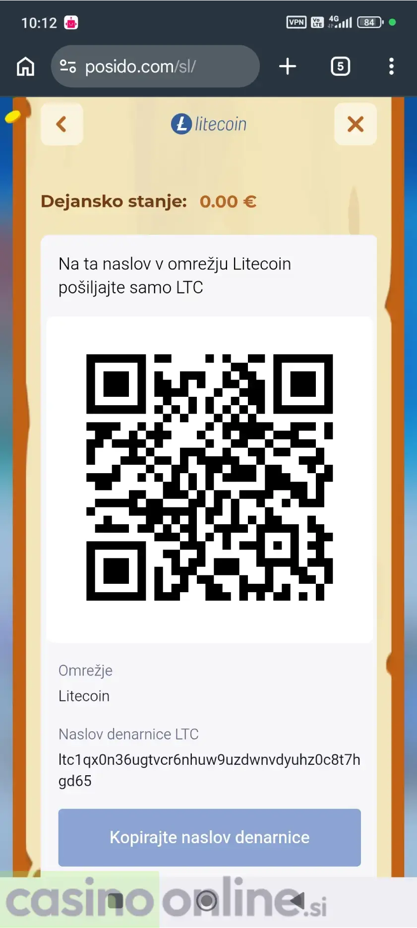 Pošljite LTC na prikazani naslov