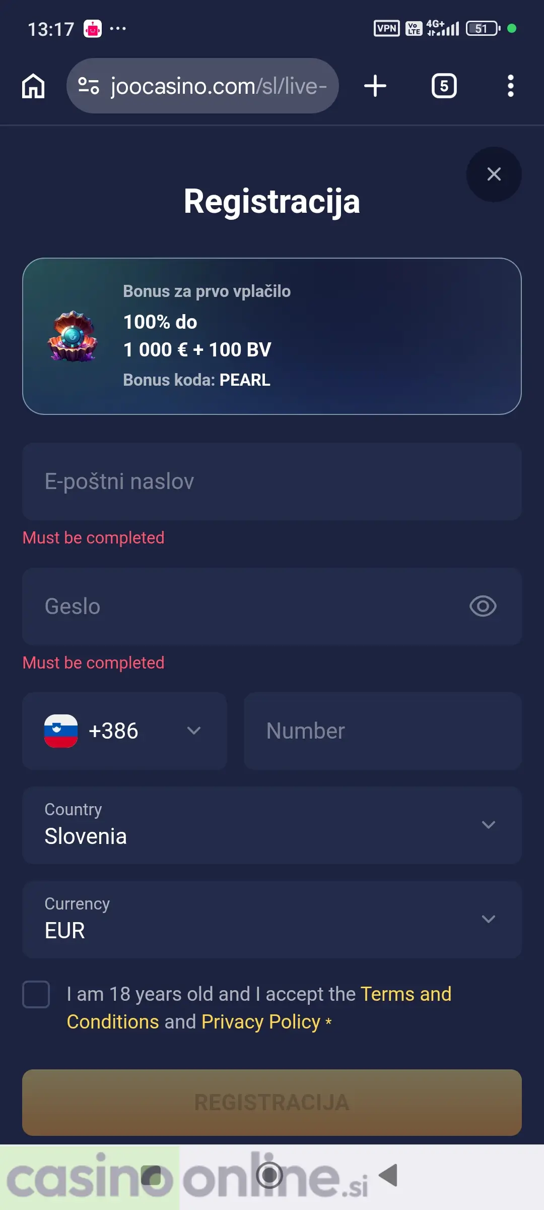 Registracija pri Joo Casino