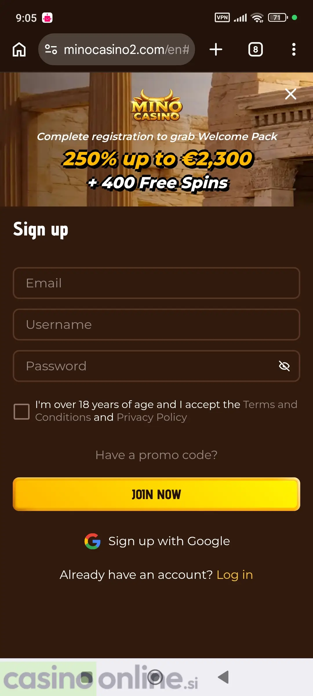 Registracija pri Mino Casino
