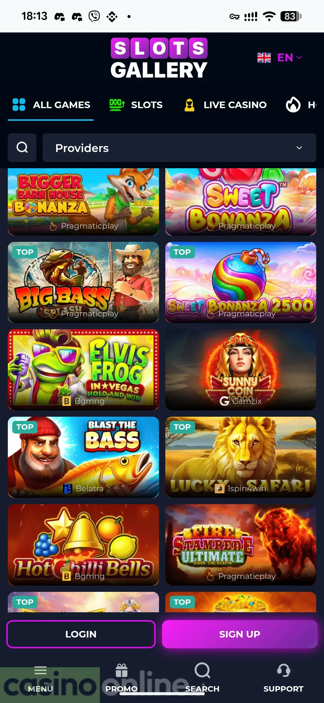 Slots Gallery Casino mobilni lobby