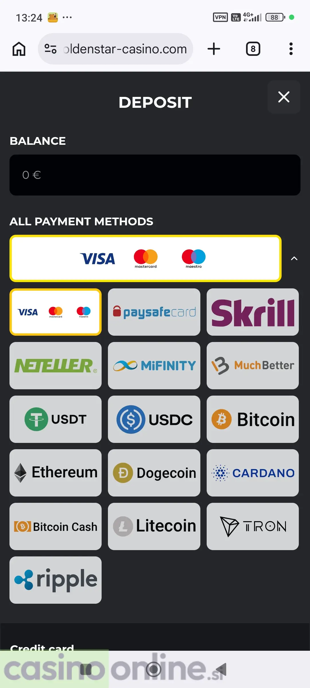 Poiščite USDT med plačilnimi metodami