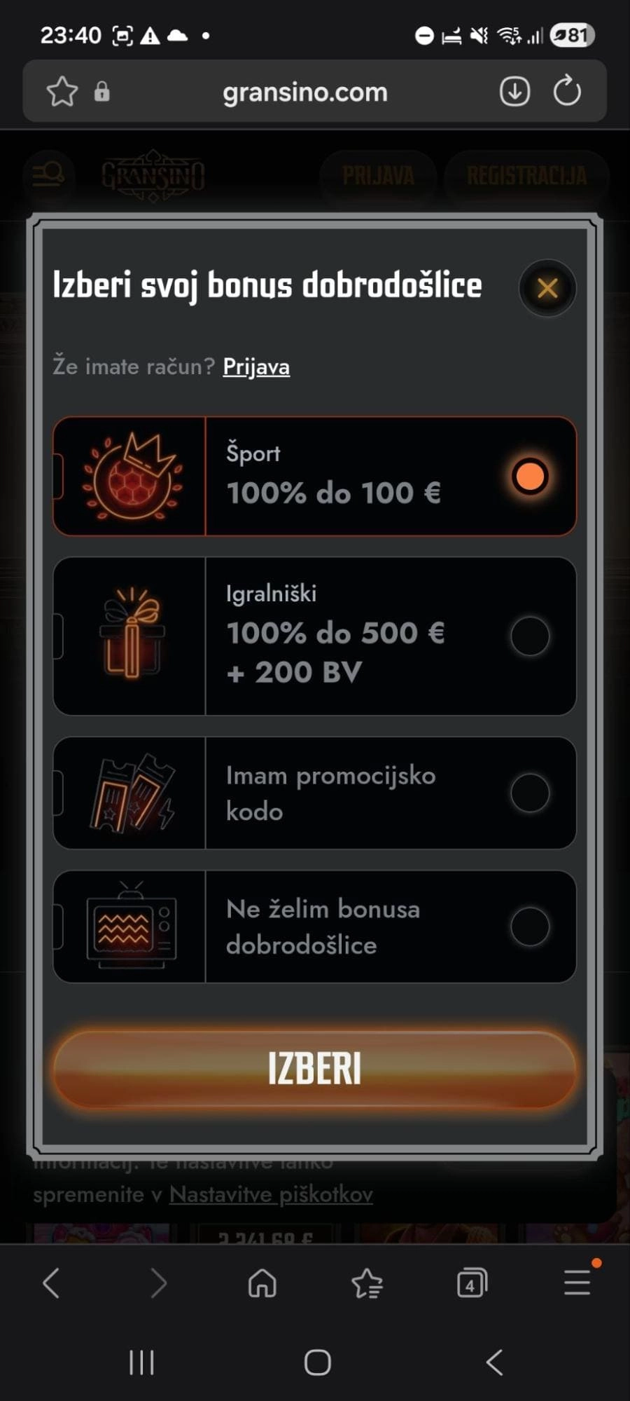 Gransino – izbira športni ali casino bonus