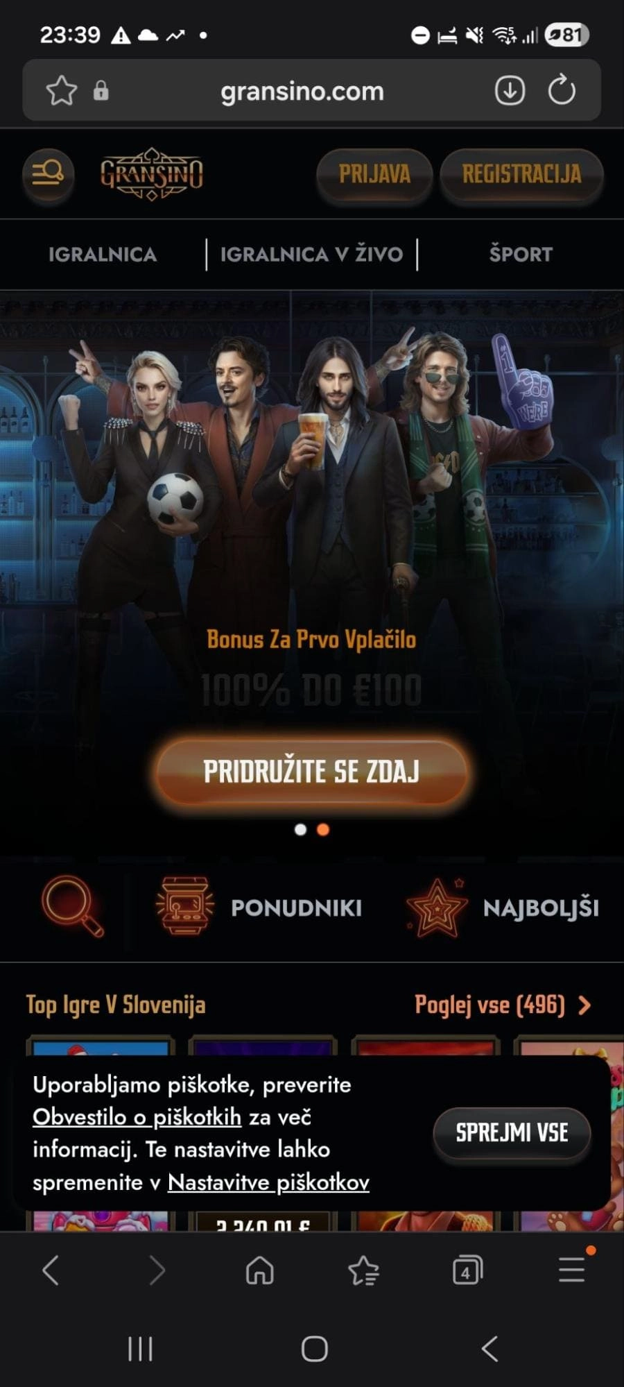 Gransino – mobilna navigacija casino, v živo, stave