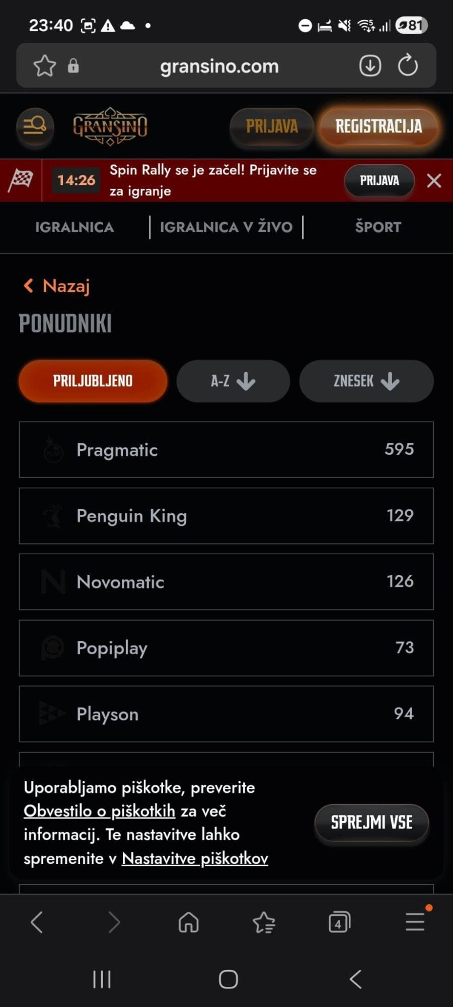 Gransino – ponudniki in število slotov po studiu