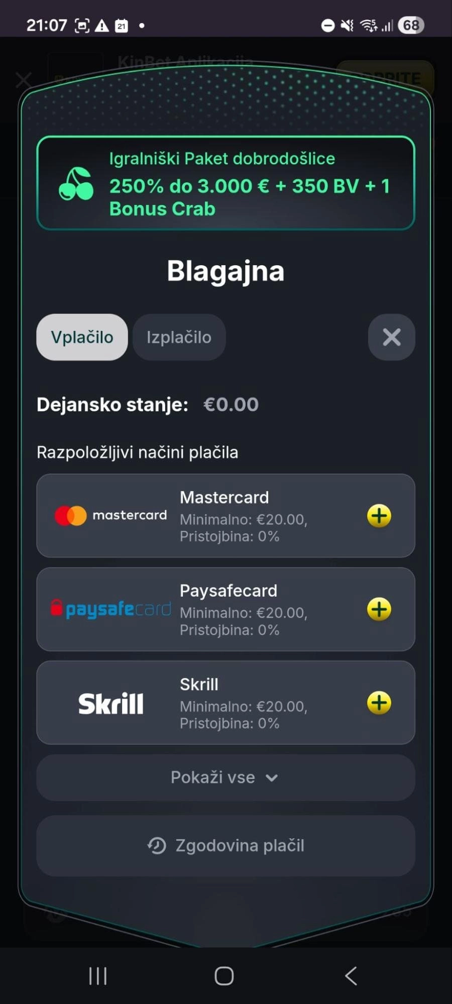 KinBet blagajna – Mastercard, Skrill, min. polog 20 €