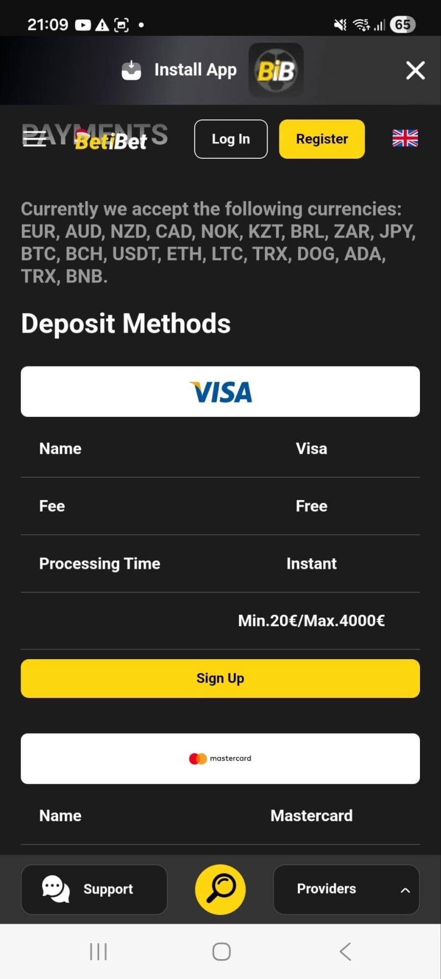 Polog BetiBet – Visa, 20–4000 €