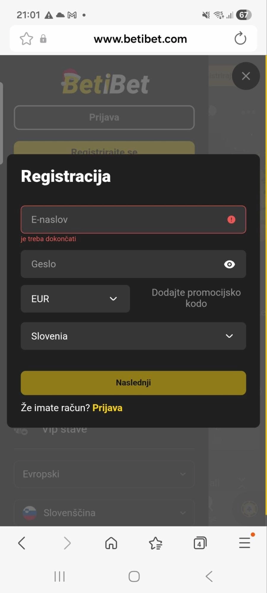 Registracija BetiBet Casino na mobitelu (EUR, Slovenija)
