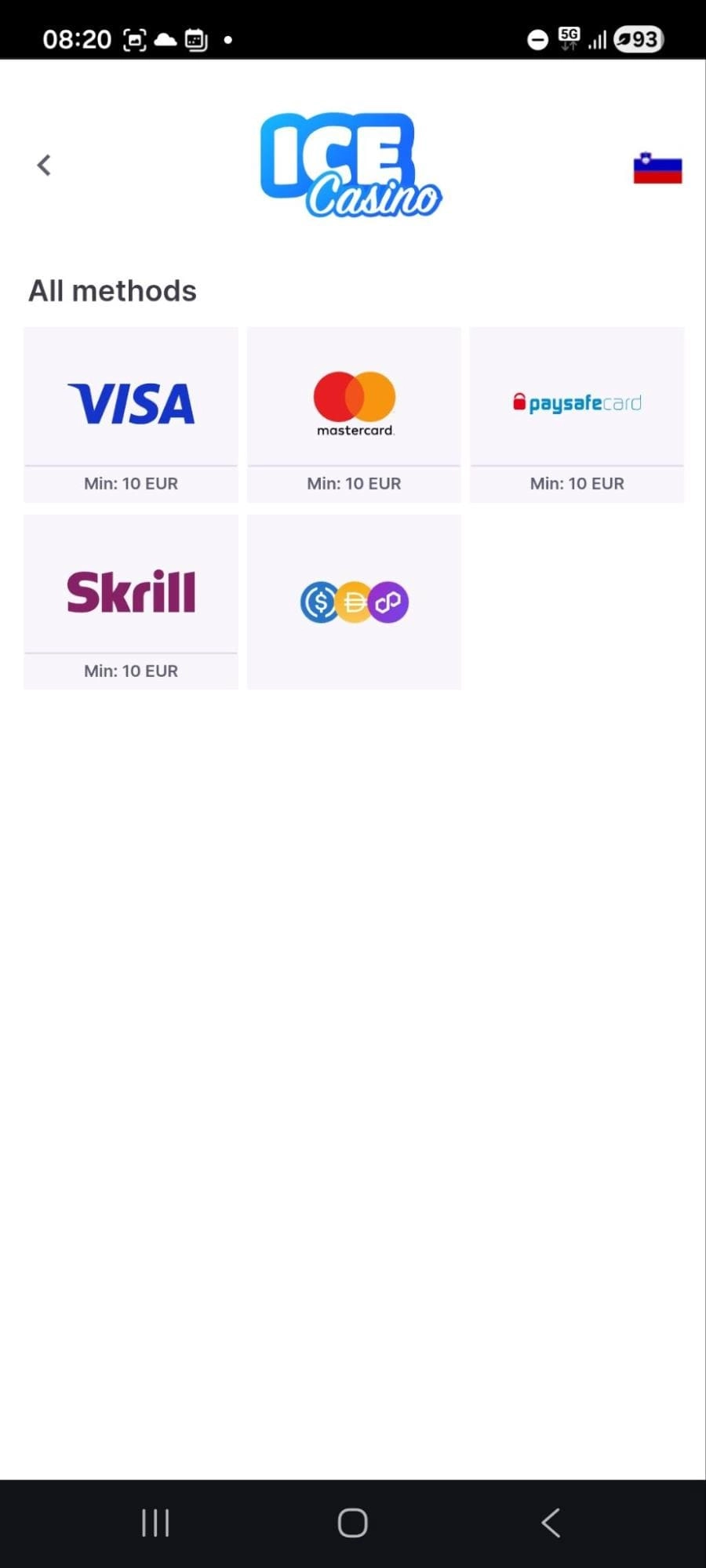 Ice Casino mobilni prikaz razpoložljivih plačilnih metod