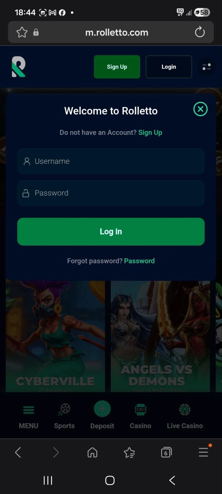 Mobilna prijava v Rolletto Casino za registrirane uporabnike