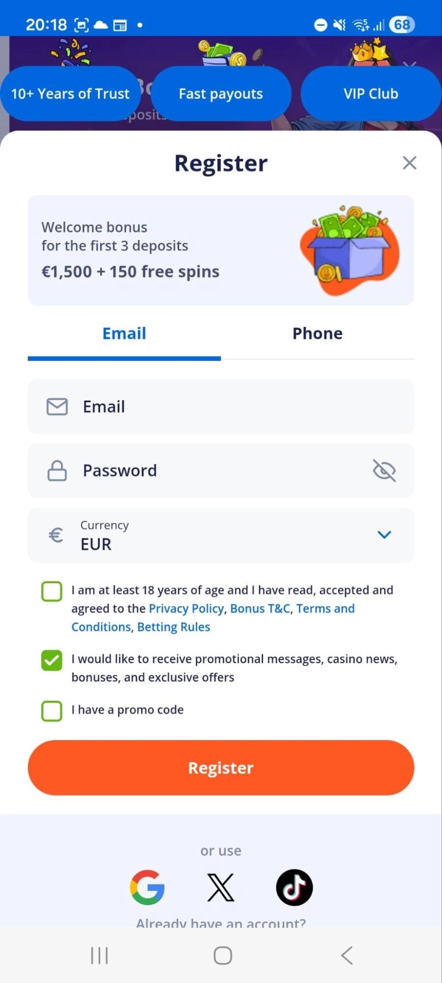 Mobilni vmesnik Vulkan Vegas z registracijo in .apk prenosom.