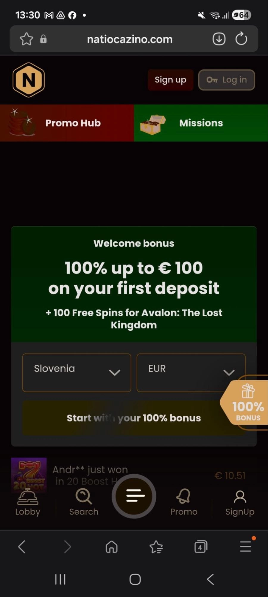 National – bonus dobrodošlice €100 + 100 FS (SI, EUR)