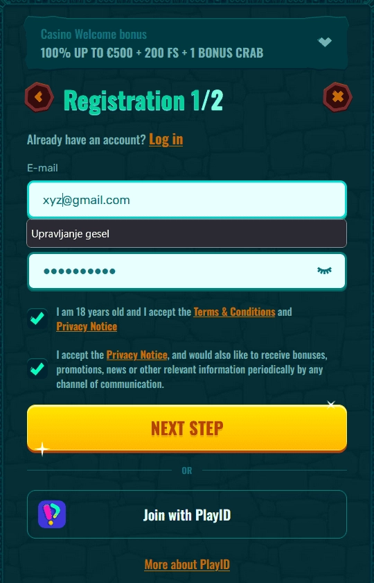 V igralnici opravite registracijo