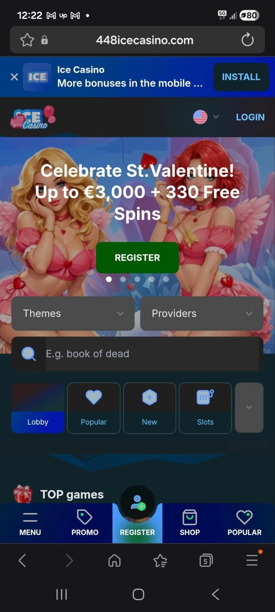 Začetna stran Ice Casino na mobilni napravi