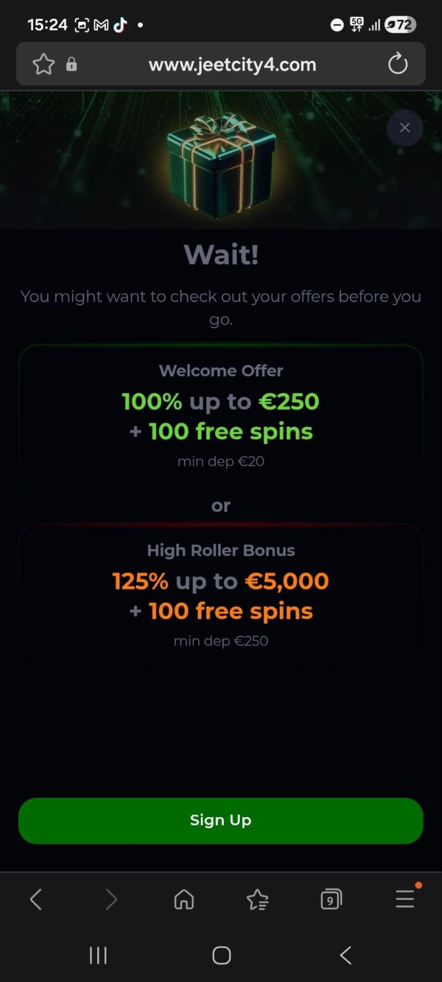JeetCity casino mobilni prikaz dobrodošlice in highroller bonusa