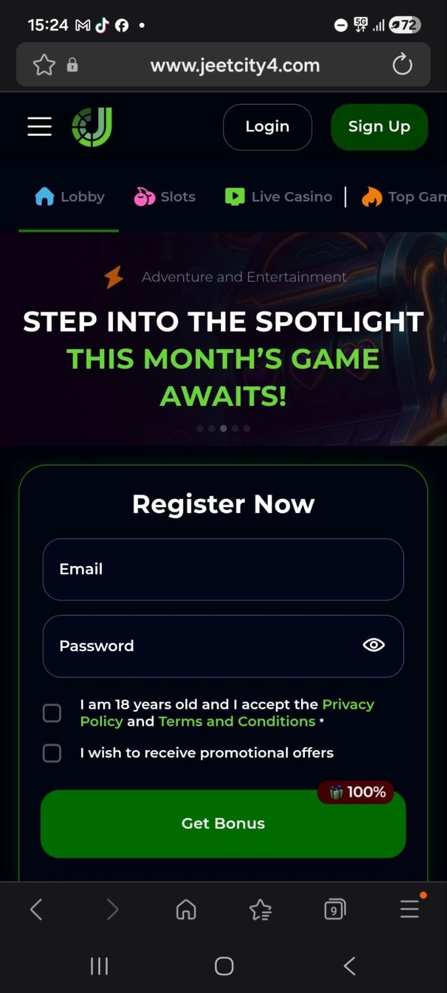 JeetCity casino obrazec za registracijo novih igralcev