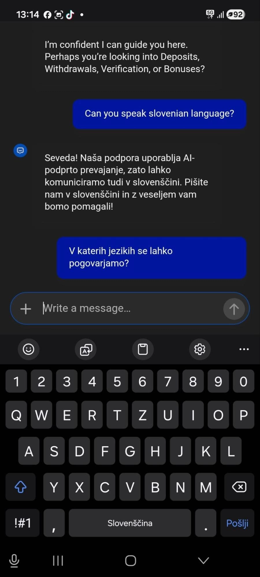 Rolling Slots casino podpora uporabnikom govori slovensko