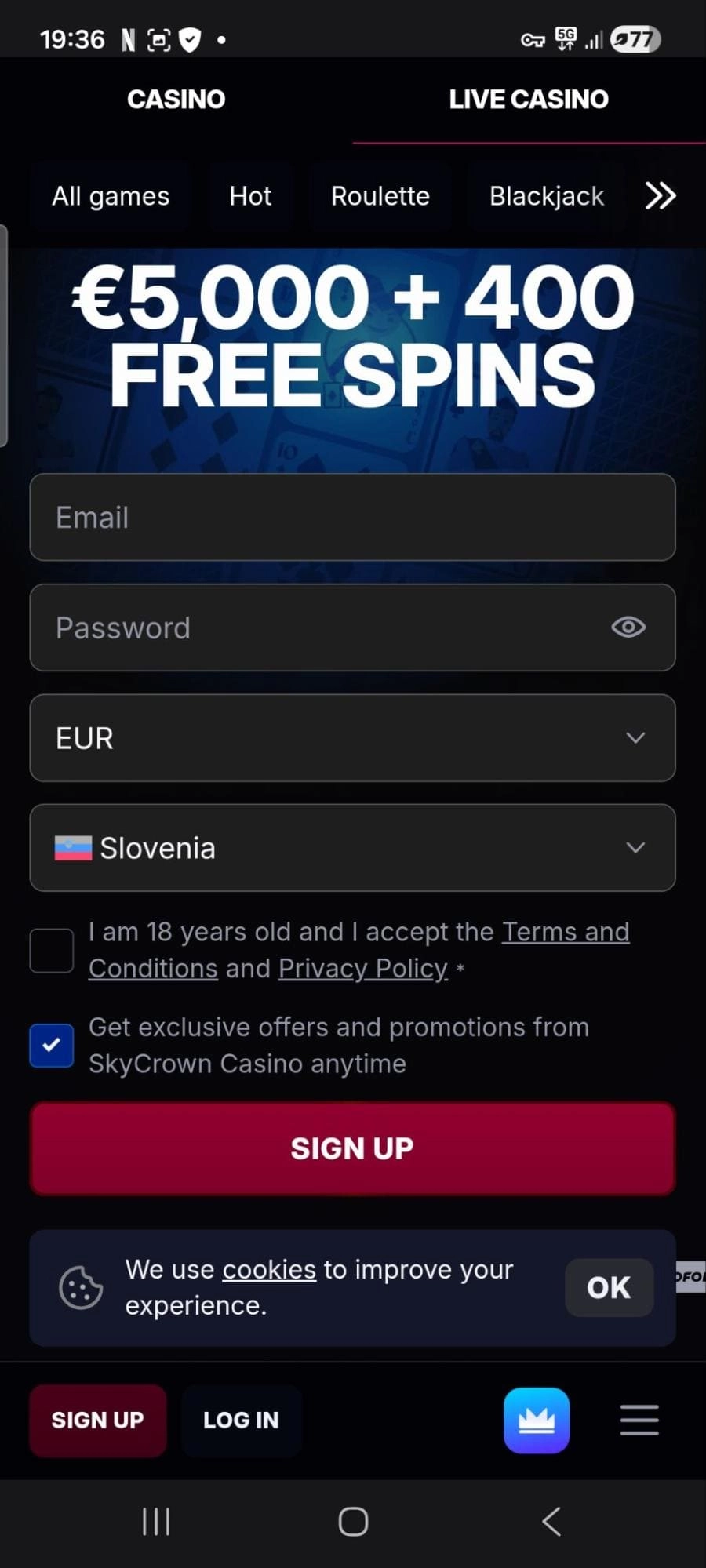 SkyCrown casino registracijski obrazec za slovenske igralce