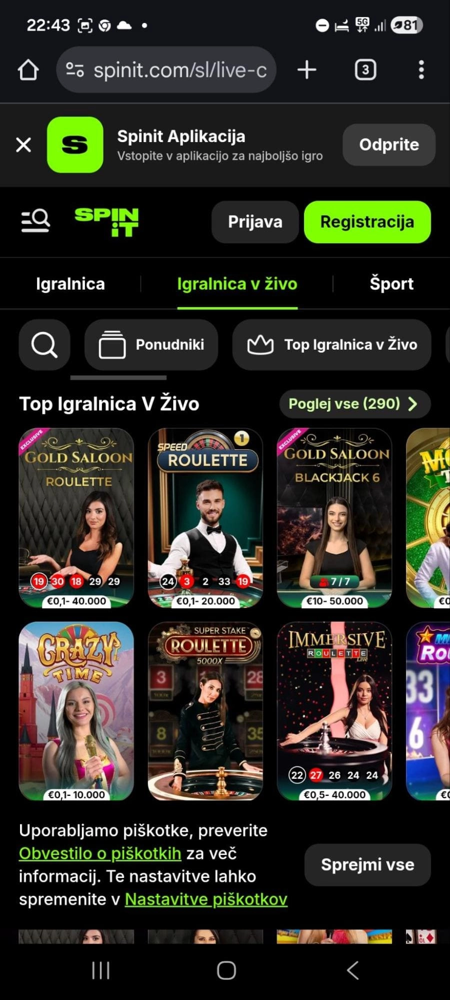 V Spinit Casino je 290 top iger v živo