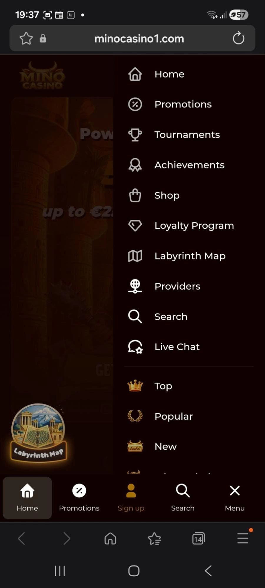 Mino casino mobilni navigacijski meni