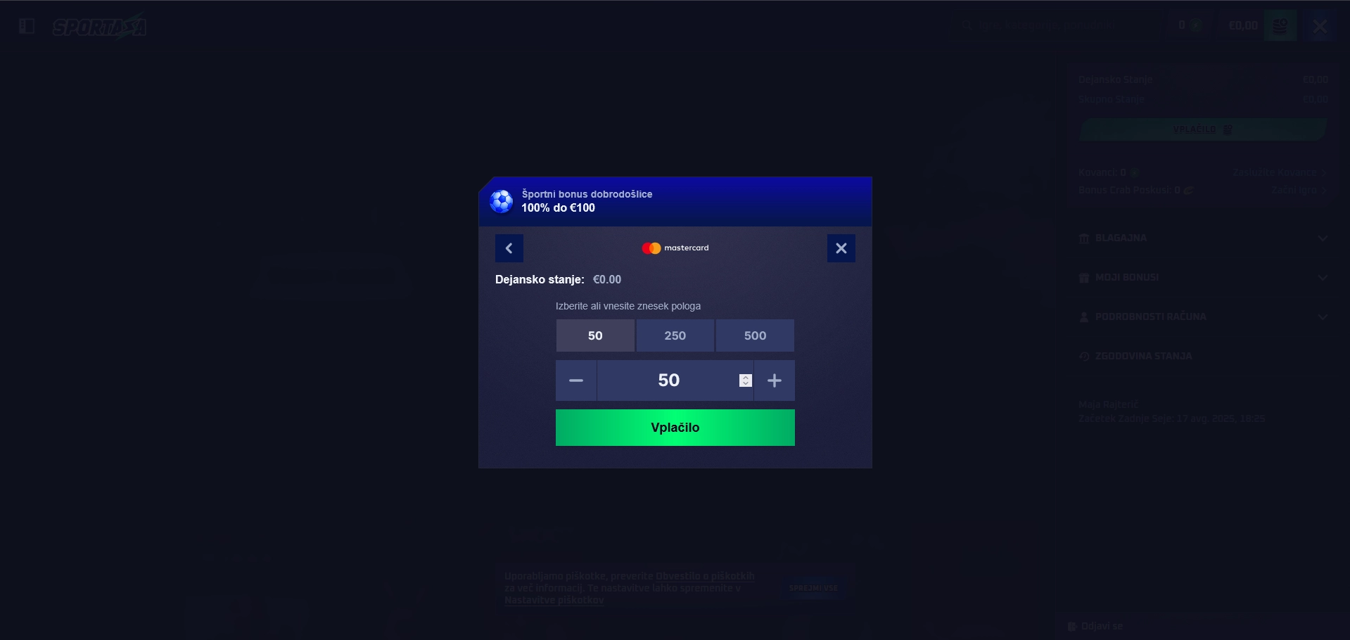 Izberite Mastercard kot način vplačila