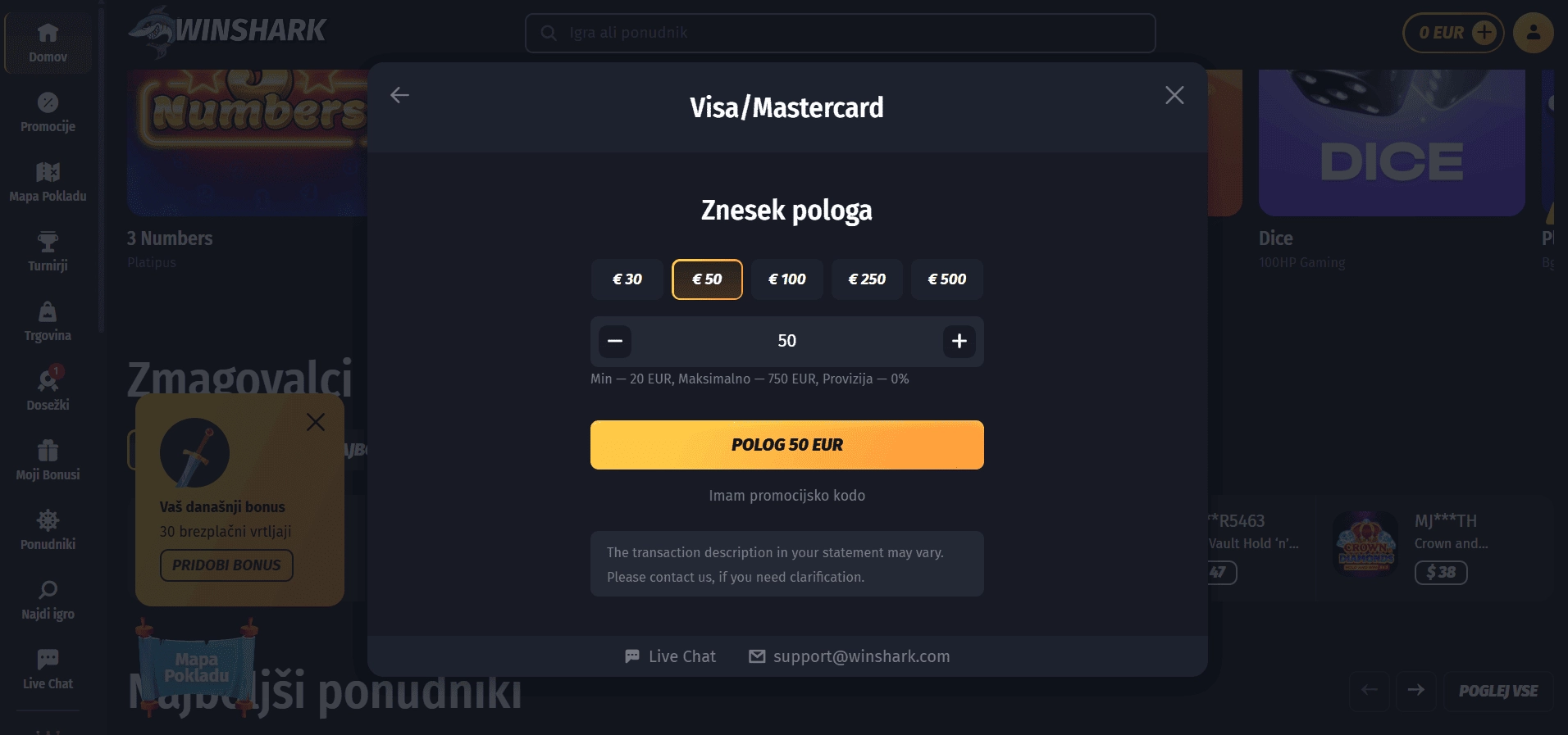 Izberite Visa kot način plačila