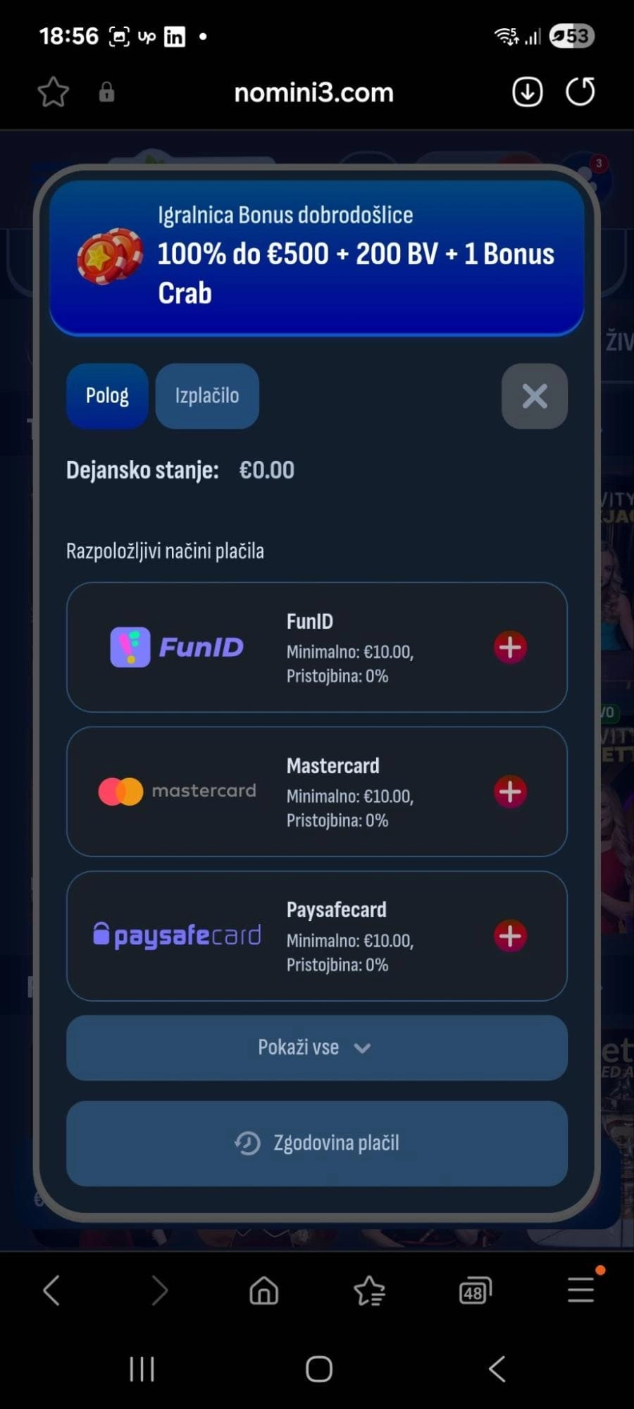 Plačilo v igralnici Nomini