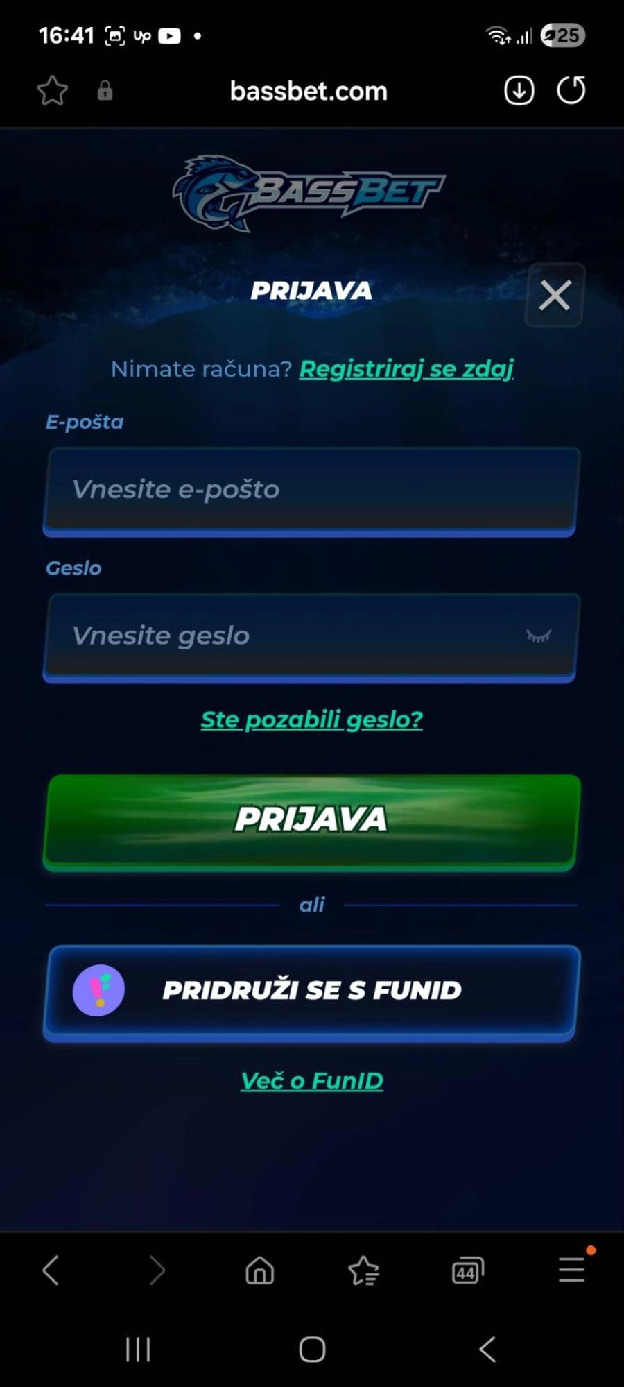 Registracija v igralnici Bassbet