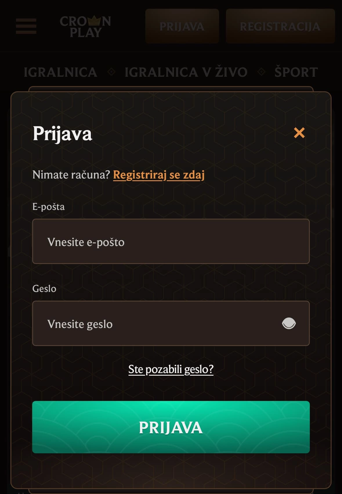 Registracija v igralnici Crownplay